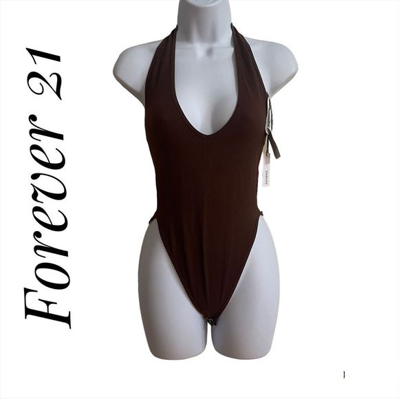 Forever 21 Tops - Forever 21 medium NWT Bodysuit V Neck Halter Neck Open Back One Piece Leotard
